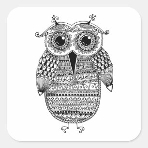 Ethnic Owl Ink Drawing Square Sticker