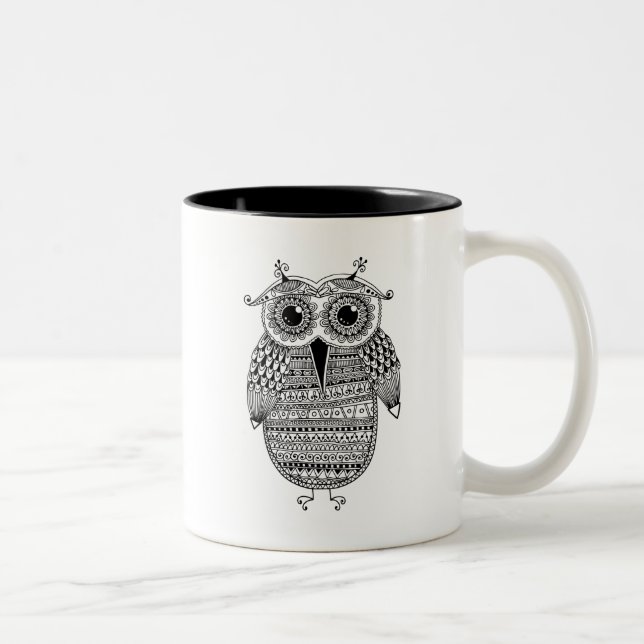 Ethnic Owl Ink Drawing Two-Tone Coffee Mug (Right)
