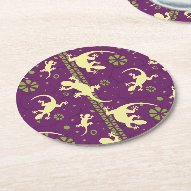 Ethnic Pattern Purple Green Gecko Lizard Print Round Paper Coaster (Angled)
