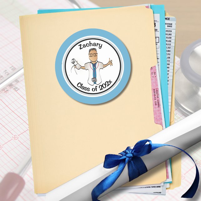 Ethnic Physician Doctor PA Funny Blue Graduation  Classic Round Sticker (Creator Uploaded)