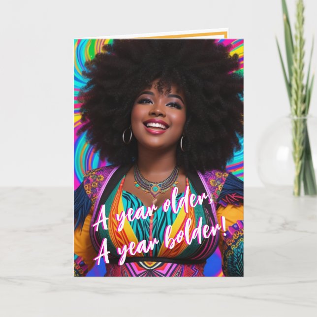 Ethnic Plus Size Woman with Afro Vibrant Birthday Card (Front)