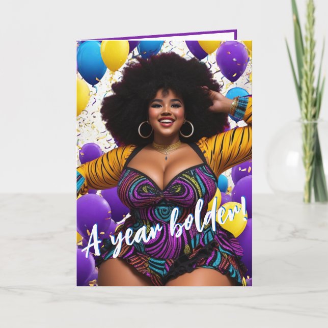 Ethnic Plus Size Woman with Afro Vibrant Birthday Card (Front)