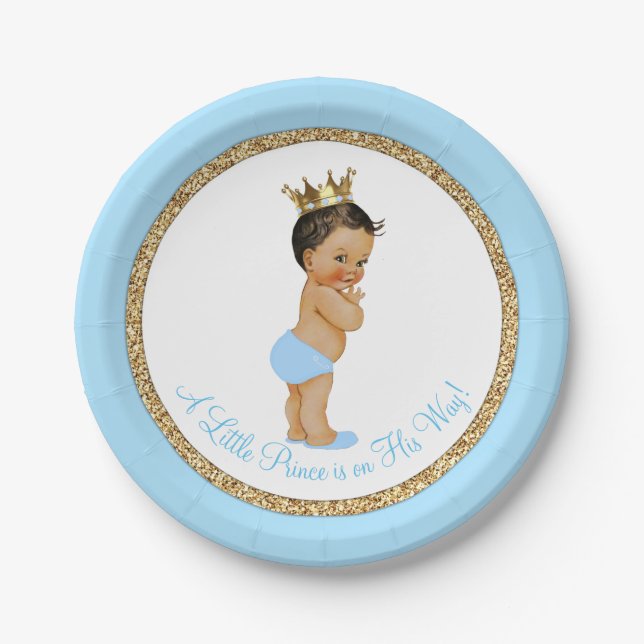 Ethnic Prince Baby Blue Gold Baby Shower Paper Plate (Front)