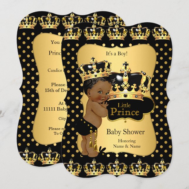 Ethnic Prince Baby Shower Black Gold Polka Dot Invitation (Front/Back)
