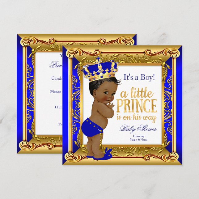 Ethnic Prince Baby Shower Blue Faux Gold Invitation (Front/Back)