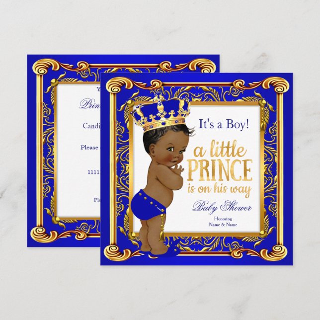 Ethnic Prince Baby Shower Damask Blue Gold Invitation (Front/Back)