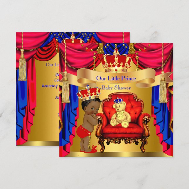 Ethnic Prince Baby Shower Gold Bear Red Blue Invitation (Front/Back)
