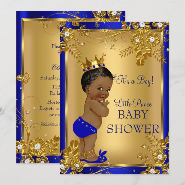 Ethnic Prince Boy Baby Shower Gold Blue Floral Invitation (Front/Back)