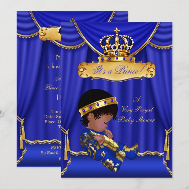 Ethnic Prince Boy Baby Shower Royal Blue Drapes Invitation (Front/Back)