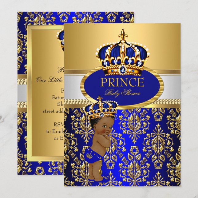 Ethnic Prince Royal Blue Crown Baby Shower Invitation (Front/Back)