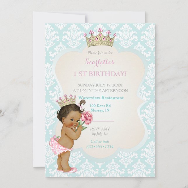 Ethnic Princess Baby Girl Gold Crown Aqua Pink Invitation (Front)