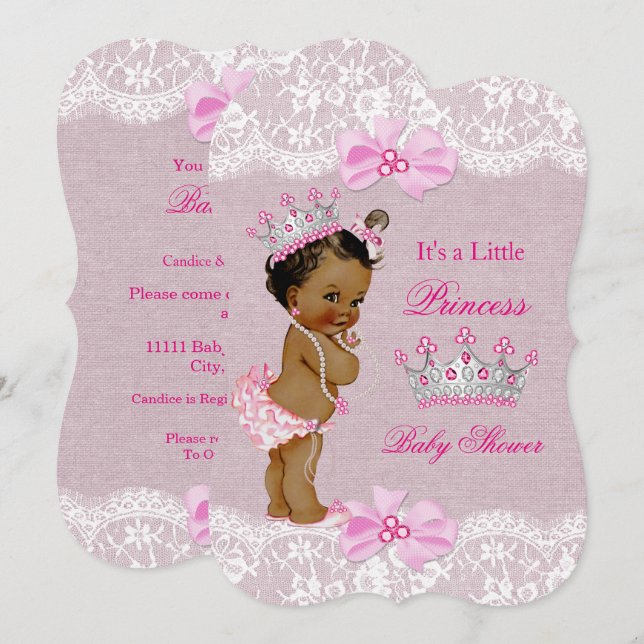 Ethnic Princess Baby Shower Girl Pink Burlap Lace Invitation (Front/Back)