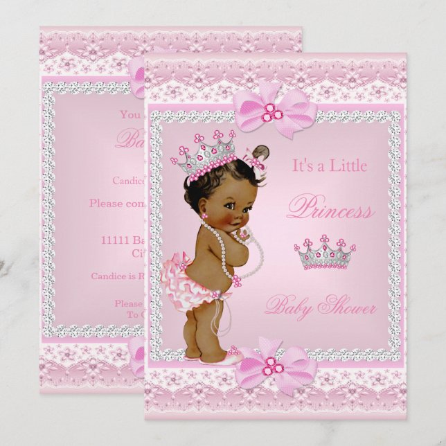 Ethnic Princess Baby Shower Girl Pink Pearls Tiara Invitation (Front/Back)