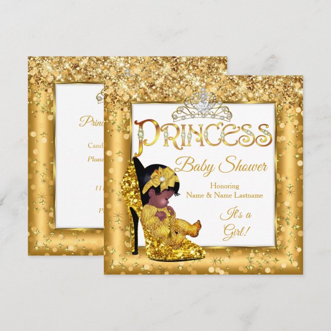 Ethnic Princess Baby Shower Gold High Heel Glitter Invitation (Front/Back)