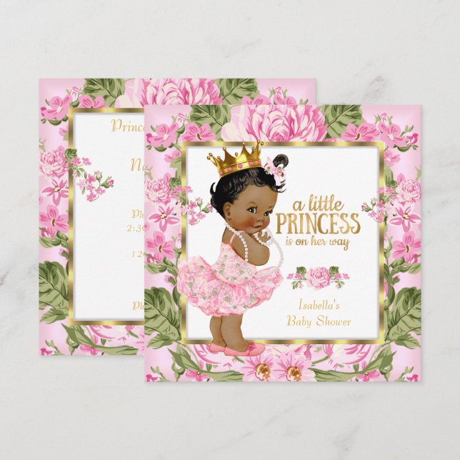 Ethnic Princess Baby Shower Pink Gold Rose Floral Invitation (Front/Back)