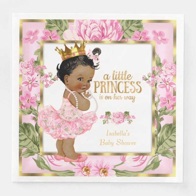 Ethnic Princess Baby Shower Pink Gold Rose Floral Napkin (Front)