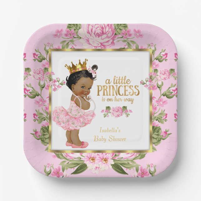 Ethnic Princess Baby Shower Pink Gold Rose Floral Paper Plate (Front)