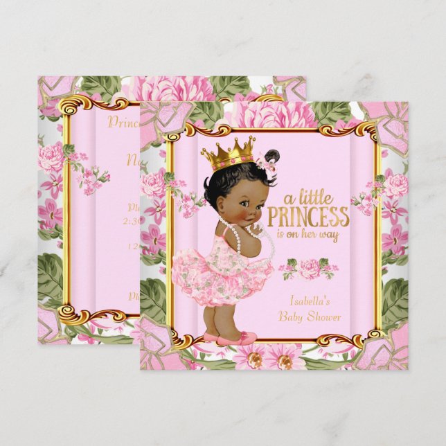 Ethnic Princess Baby Shower Pink Rose Floral Invitation (Front/Back)