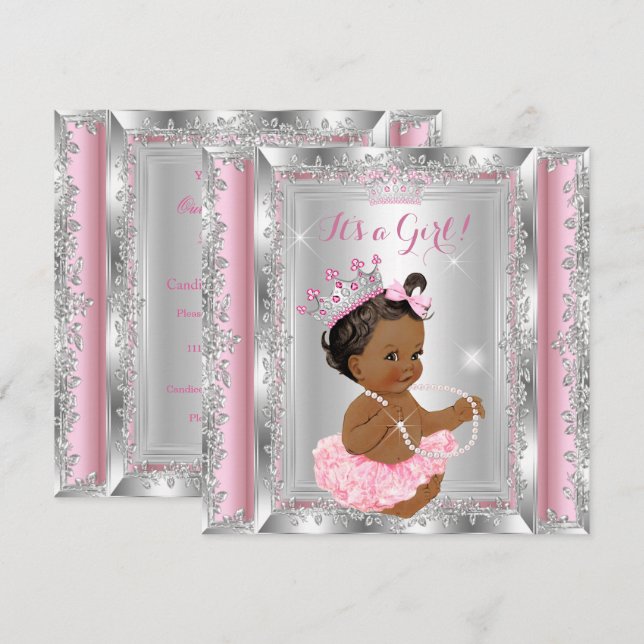 Ethnic Princess Baby Shower Pink Silver Tutu Invitation (Front/Back)