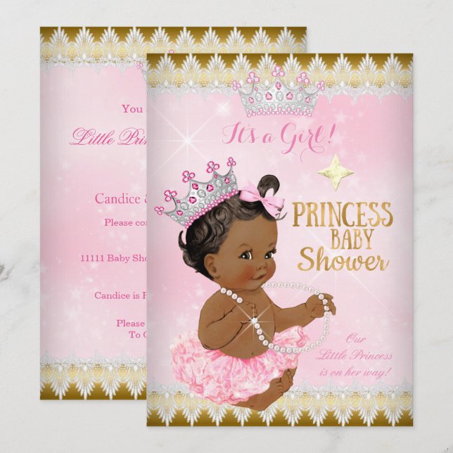 Ethnic Princess Baby Shower Pink Tutu Gold Invitation (Front/Back)