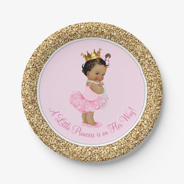 Ethnic Princess Ballerina Pink Gold Baby Shower Paper Plate (Front)