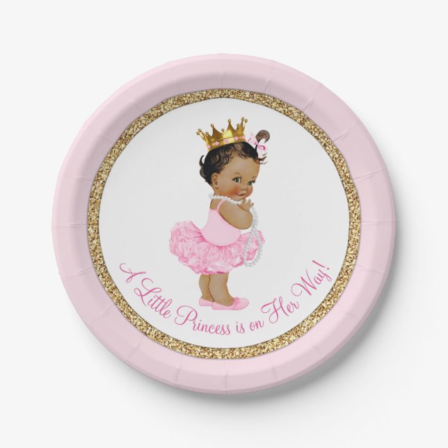 Ethnic Princess Ballerina Pink Gold Baby Shower Paper Plate (Front)
