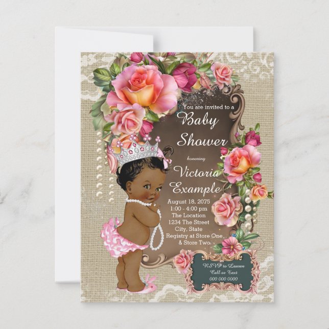 Ethnic Princess Burlap Lace Pearl Baby Shower Invitation (Front)
