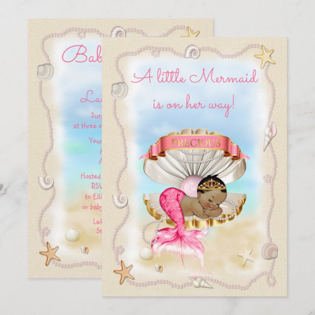Ethnic Princess Mermaid Clam Shell Baby Shower Invitation (Front/Back)