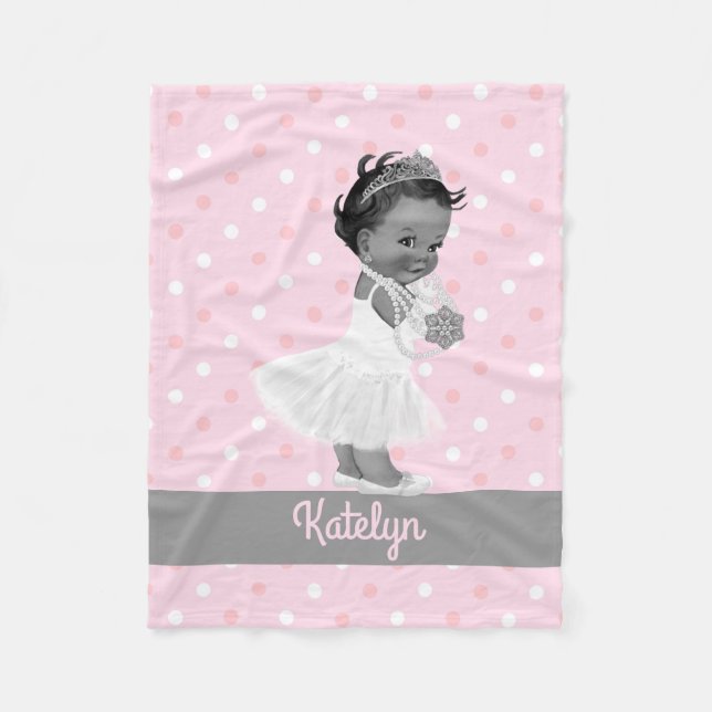 Ethnic Princess Nursery Grey Pink Polka Dots Fleece Blanket (Front)
