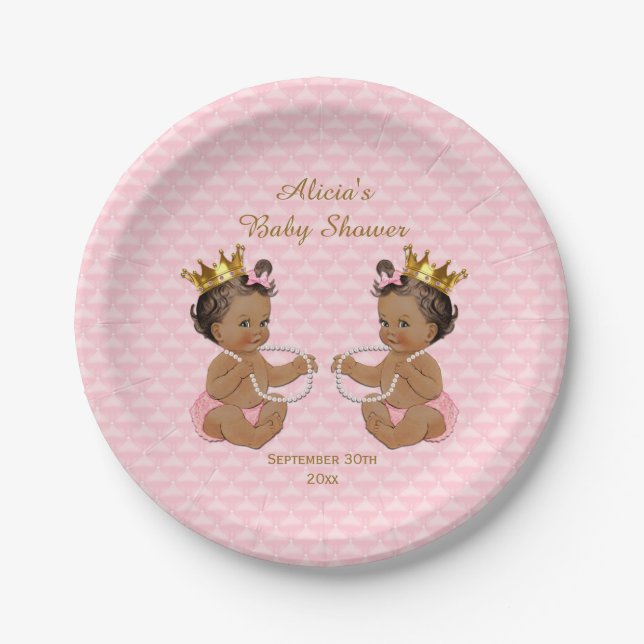 Ethnic Princess Twins Quilted Pink Baby Shower Paper Plate (Front)
