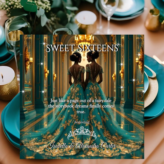 Ethnic Princess Twins Sweet 16 Birthday Teal Invitation (Creator Uploaded)