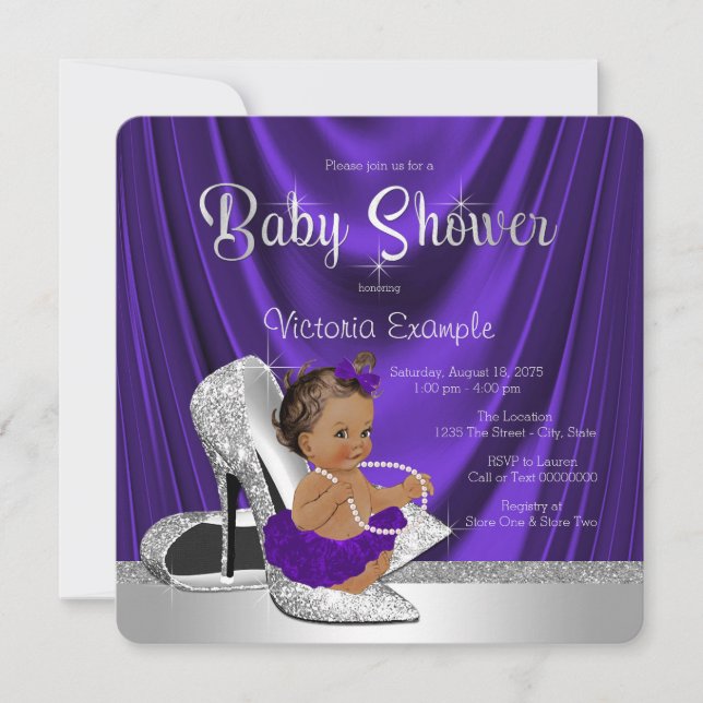 Ethnic Purple Ballerina Silver Shoe Baby Shower Invitation (Front)
