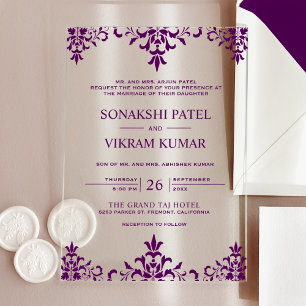 Ethnic Purple Damask Indian Wedding Acrylic Invitations