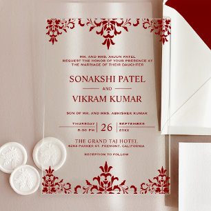 Ethnic Red Damask Indian Wedding Acrylic Invitations