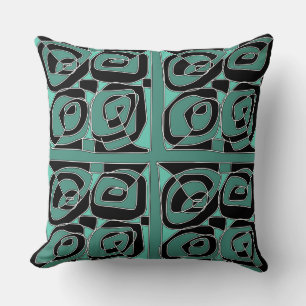 Ethnic Roses Black White Teal Green Cushion