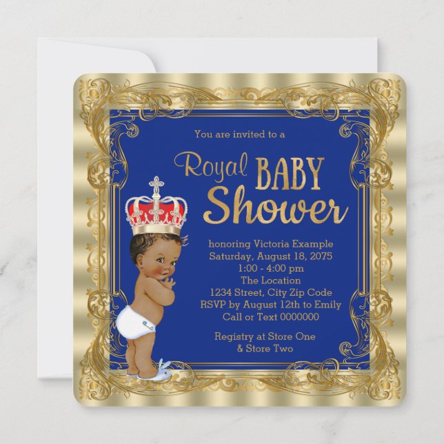 Ethnic Royal Blue Gold Royal Prince Baby Shower Invitation (Back)