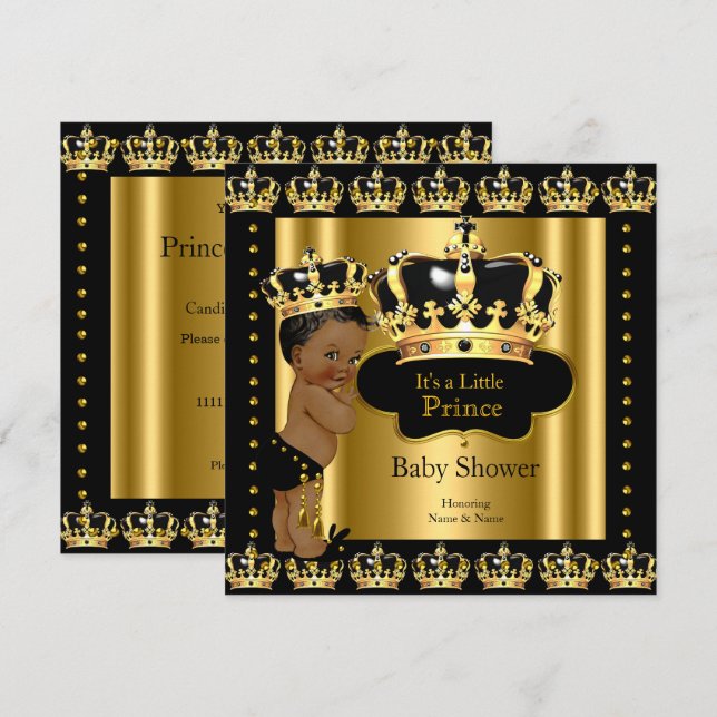 Ethnic Royal Prince Baby Shower Black Gold Crown Invitation (Front/Back)