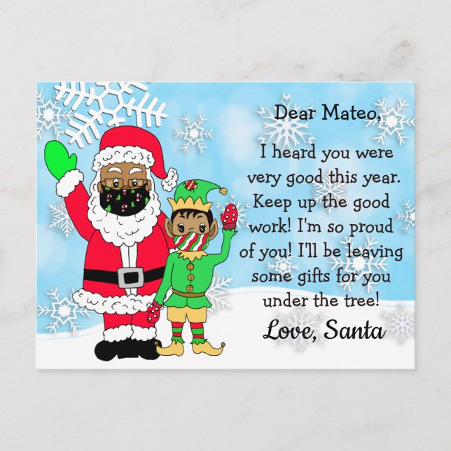 Ethnic Santa and Elf in Facemasks Letters to Kid Holiday Postcard (Front)