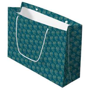 Ethnic Style Floral Mini-print Beige on Teal Large Gift Bag