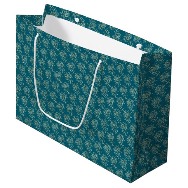 Ethnic Style Floral Mini-print Beige on Teal Large Gift Bag (Front Angled)