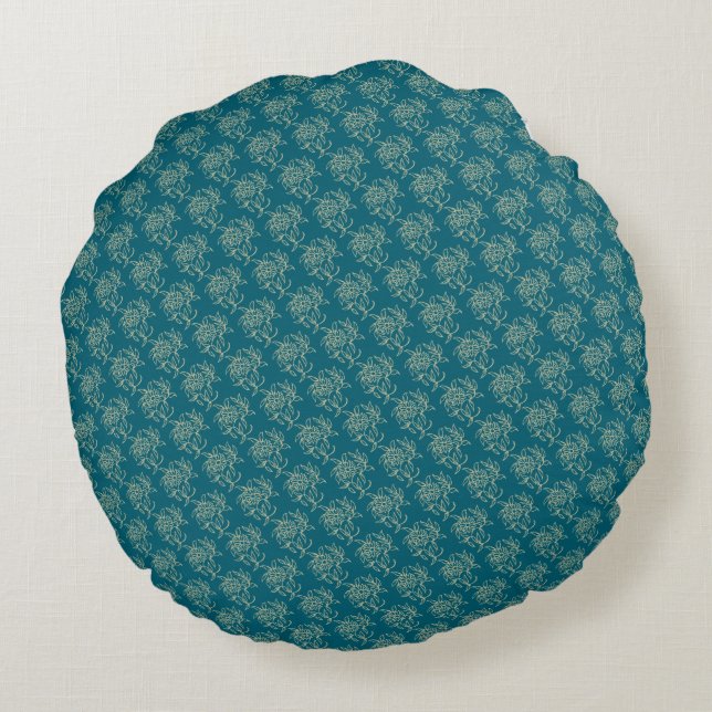 Ethnic Style Floral Mini-print Beige on Teal Round Cushion (Back)