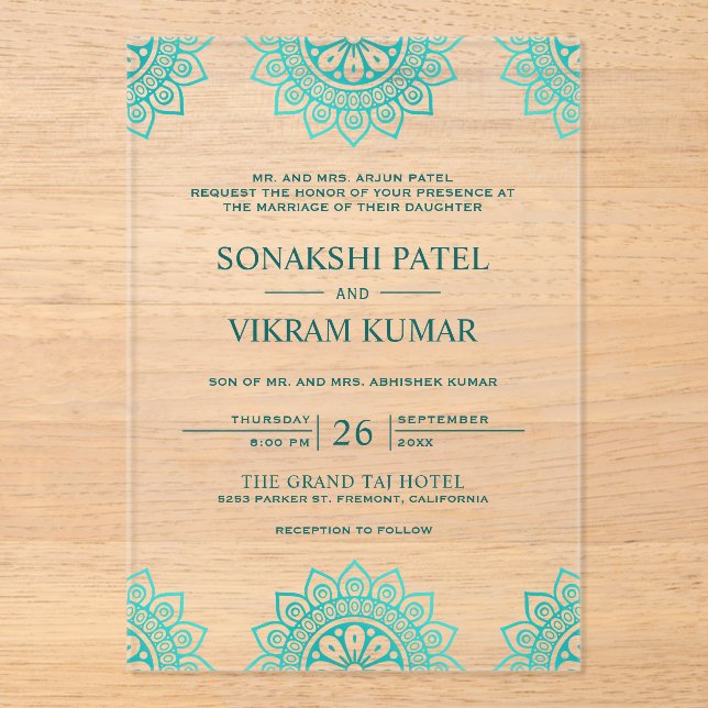Ethnic Teal Mandala Indian Wedding Acrylic Invitations (Front)