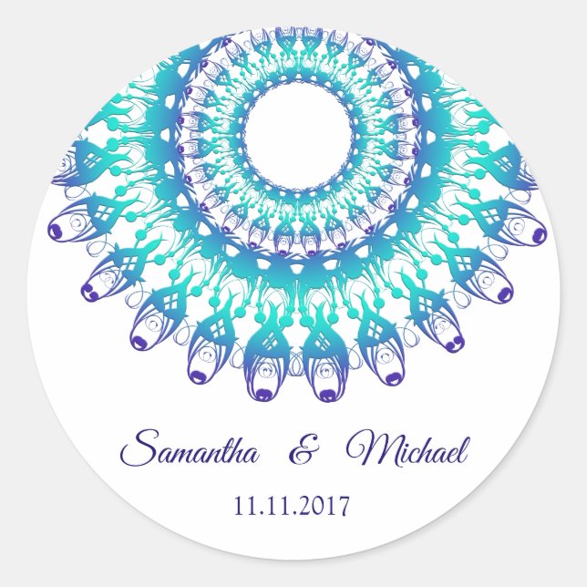 Ethnic teal mandala. monogram. classic round sticker (Front)