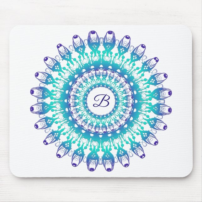Ethnic teal mandala. monogram. mouse mat (Front)