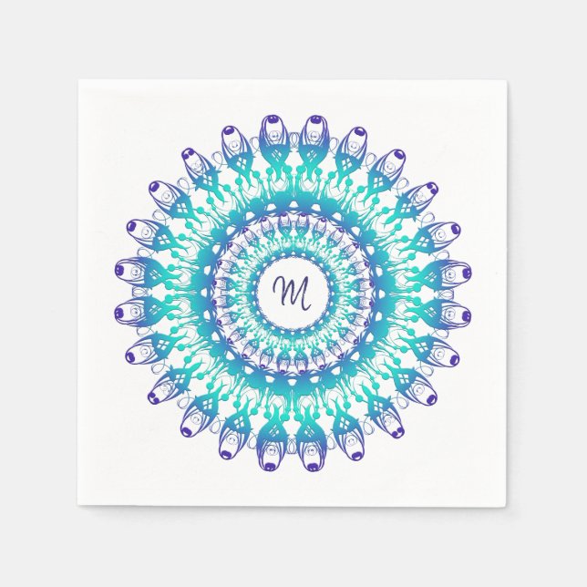 Ethnic teal mandala. monogram. napkin (Front)