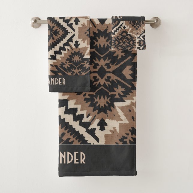 Ethnic Tribal Mudcloth Black & Tan Bath Towel Set (Insitu)