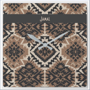 Ethnic Tribal Mudcloth Black & Tan Square Wall Clock