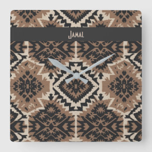 Ethnic Tribal Mudcloth Black & Tan Square Wall Clock