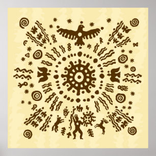 Ethnic tribal native prehistoric eagle solar symbo poster