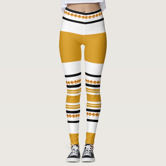 Ethnic tribal pattern black white mustard leggings (Front)